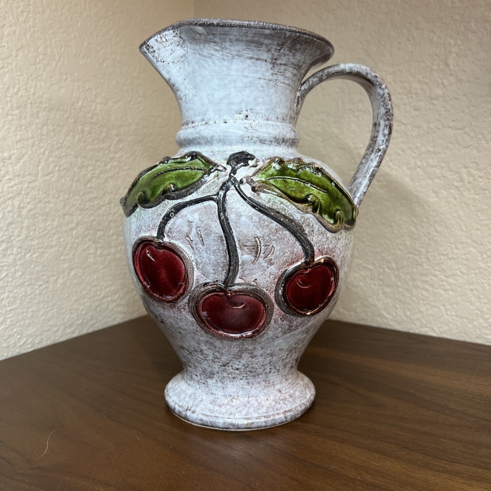 French Vase Pitcher of Vallauris Floral Cherry Decoration 10" x 7" Fruit